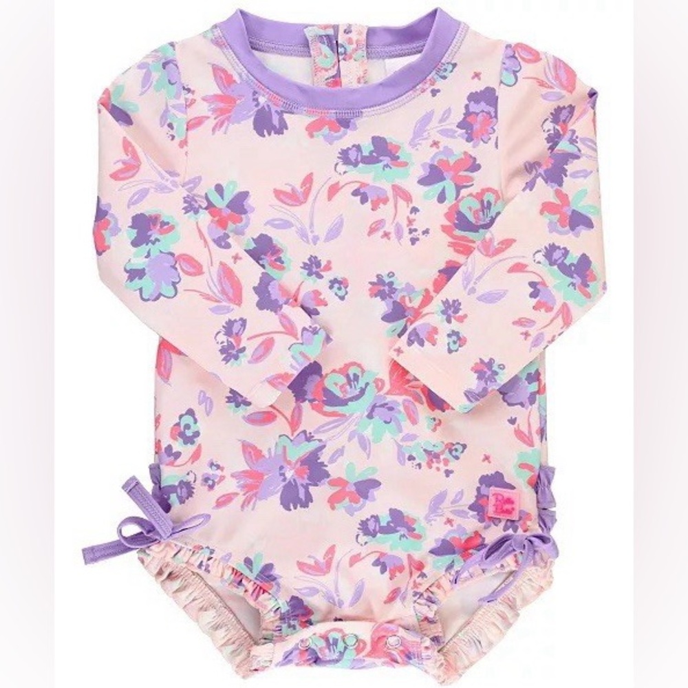 Ruffle Butts Floral Long Sleeve Baby Swimsuit - Purple & Pink